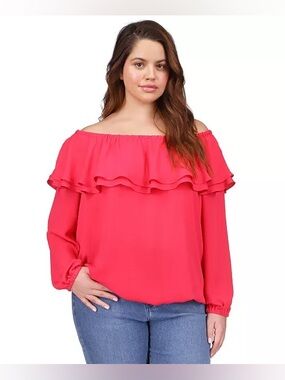 (A10) NWT Michael Kors Pink Ruffle Off-The-Shoulder Peasant Blouse Plus Size 3X‎